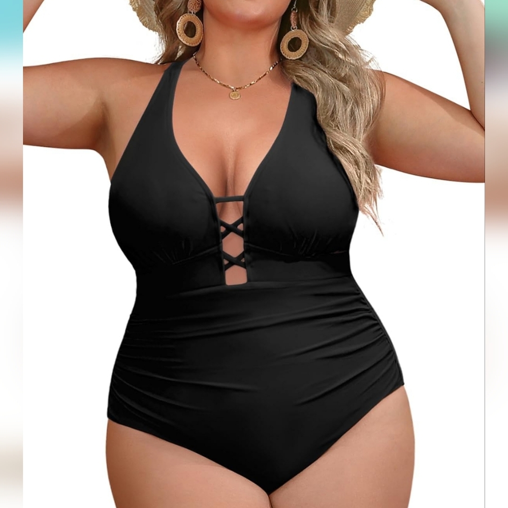 YONIQUE PLUS SIZE One Piece Tummy Control Deep V-neck Swimsuit